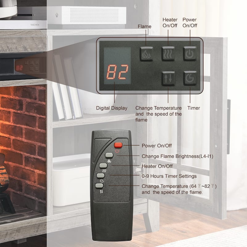 55" Gray Wash Fireplace TV Stand Storage w/ Electric Fireplace